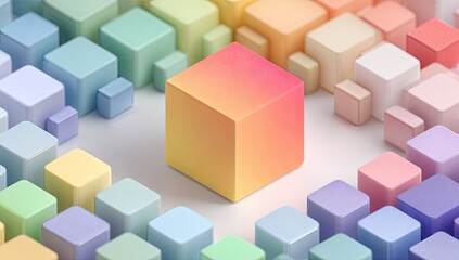Obraz premium A vibrant, geometric design with a central, gradient-shaded cube surrounded by many smaller, pastel-colored cubes