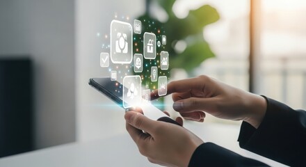 Hands holding a smartphone displaying a glowing holographic interface with various digital application icons floating above