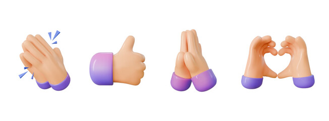3d hand render gestures different emotions like, folded, Clapping and heart Hands icon