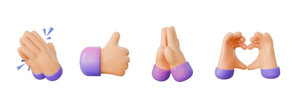 3d hand render gestures different emotions like, folded, Clapping and heart Hands icon