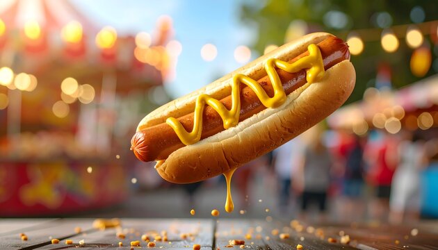 Hot Dog with Mustard in Vibrant Fair Setting with Bokeh Lights - Powered by Adobe