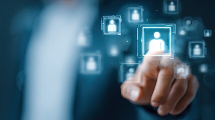 Executive uses futuristic interface to select employee from digital network, optimizing talent acquisition with innovative technology and data-driven decisions for business growth
