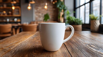 White Coffee Mug on Rustic Wooden Table in Cozy Cafe with Natural Light and Indoor Plants