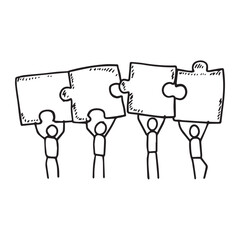 Sketch of little people connecting puzzle pieces, a hand-drawn cartoon illustration about teamwork, collaboration, and business solutions.
