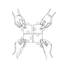 Obraz premium Continuous one line drawing of four hands joining puzzle pieces. Teamwork, collaboration, and business solution concept. Minimalist vector illustration. 