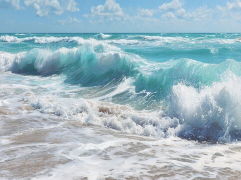Turquoise waves crash on sandy shore, vibrant blue sea - Powered by Adobe