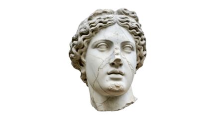 Ancient white statue head with cracks png isolated on transparent background