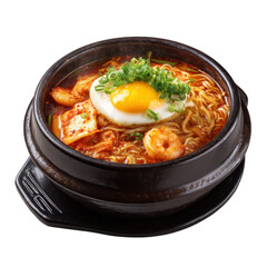 Delicious Korean Ramen with Egg and Shrimp in Stone Bowl