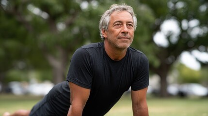 A middle-aged man in a black shirt practicing yoga in a serene park setting, surrounded by greenery, promoting health and wellness.
