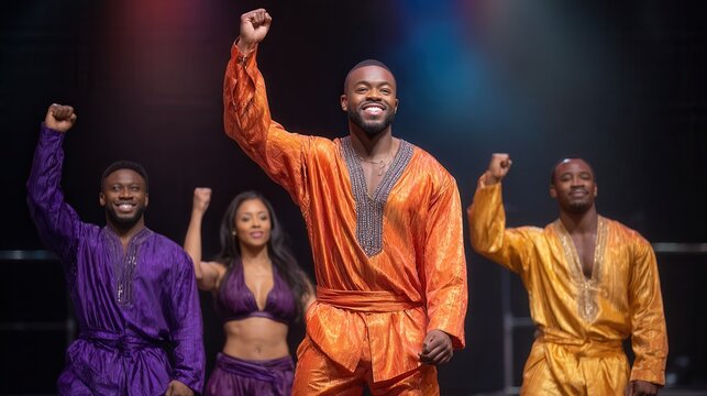 A group of four dancers in vibrant costumes performing an energetic routine on stage, showcasing joy and celebration in a lively atmosphere.