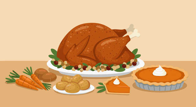 A thanksgiving feast with turkey pie and other side dishes