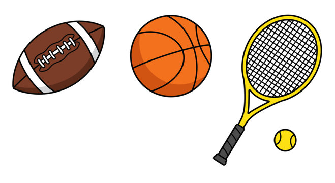 A cartoon image of various sports equipment on white background