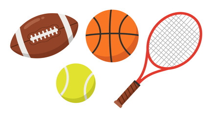 A cartoon image of various sports equipment on white background