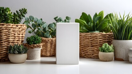 A clean symmetrical arrangement of various potted green plants succulents and leaves displayed alongside a blank white product box creating a modern and eco friendly branding presentation