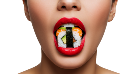 Woman with bold red lips and sushi in mouth png isolated on transparent background