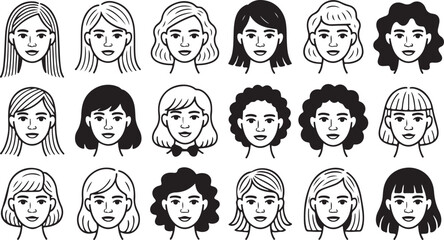 Diverse Women Faces Vector Set: Line Art Portraits with Various Hairstyles