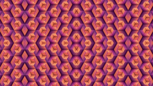 A hypnotic effect with a grid of hexagonal modules that transform dynamically. Rich purple tones create a sense of depth. Digital loop animation. 3d rendering 4K