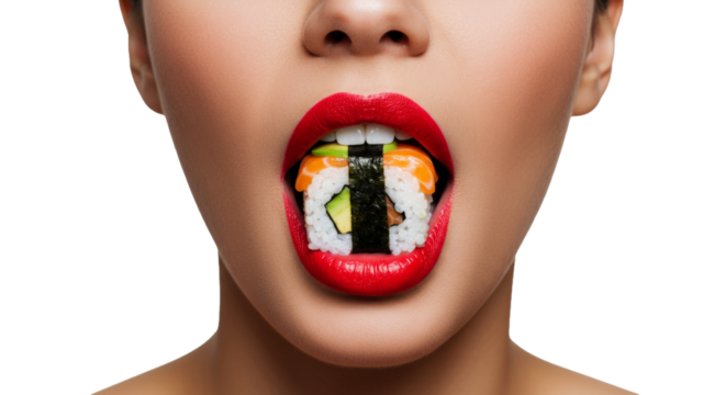 Woman with bold red lips and sushi in mouth png isolated on transparent background - Powered by Adobe