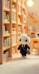 A miniature, detailed scene of a cat in a room with bookshelves