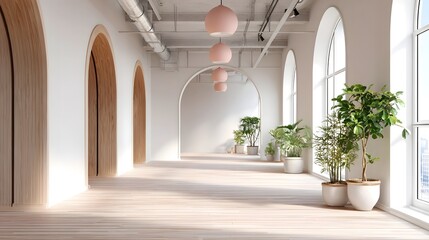 Bright and airy open concept interior space featuring minimalist wood and white design large arched doorways tall floor to ceiling potted plants adding a natural touch