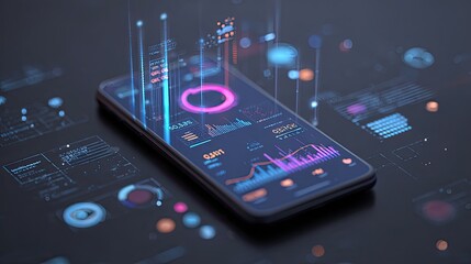 Dynamic digital interface on smartphone displaying vibrant financial analytics and growth charts, showcasing modern data visualization for business intelligence and investment insights