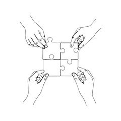 Continuous one line drawing of four hands joining puzzle pieces. Teamwork, collaboration, and business solution concept. Minimalist vector illustration.

