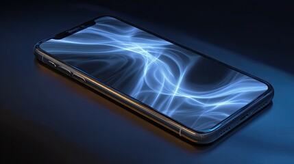 Sleek modern smartphone displaying vibrant abstract blue energy flow on screen, perfect for tech, innovation, and digital art concepts