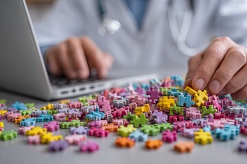 Fototapeta premium Doctor sorts colorful puzzle pieces near laptop