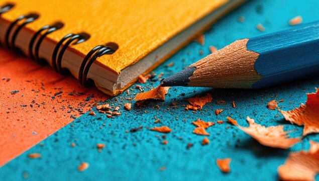 Close-up of a vibrant orange notebook, a blue pencil, and pencil shavings on a teal and orange surface