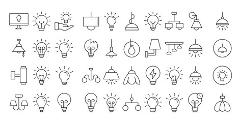 Light Bulbs, Lamps, Chandeliers Thin Icons Collection. Editable Stroke. Suitable for Web Sites, Books, Cards, Apps