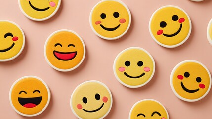 Colorful Smiley Face Cookies on a Soft Pink Background Representing Joy and Happiness