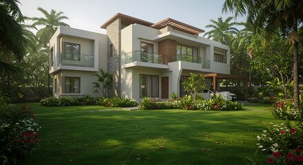 Modern bungalow with lush landscaping in India showcasing modern elegance