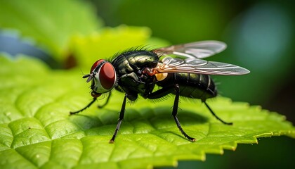Naklejka premium Detailed close-up showcasing a common fly resting gently on a green leaf