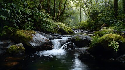 Obraz premium Tranquil Stream Flowing Through Lush Green Forest Surrounded By Rocks And Sunlight