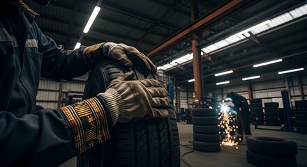 Mechanic Inspecting Vehicle Tire in Workshop with Welder in Background