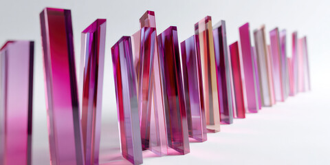 Vibrant parallel glass fins in shades of purple and pink create striking visual effect against neutral background. arrangement showcases modern design and artistic elegance