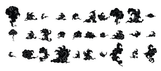 Set of Black Clouds of Smoke and Waves