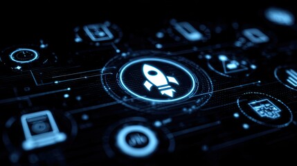 Dynamic digital interface showcases glowing rocket icon symbolizing startup growth and technological innovation in a futuristic network