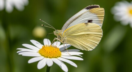 Delicate white butterfly rests gently on bright daisy bloom