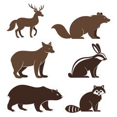 Brown Silhouettes of Forest Animals Deer Fox Bear Badger Rabbit Raccoon vector