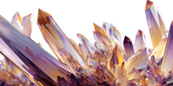 Cluster of angular crystal shards in warm gold and purple hues creates stunning visual display. sharp, geometric shapes and vibrant colors evoke sense of luxury and elegance