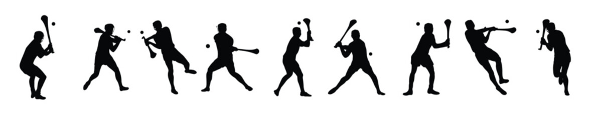 set of dynamic hurling player silhouettes with hurley stick.