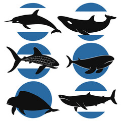 Obraz premium Six black silhouette marine animals with blue circles on white background marine life