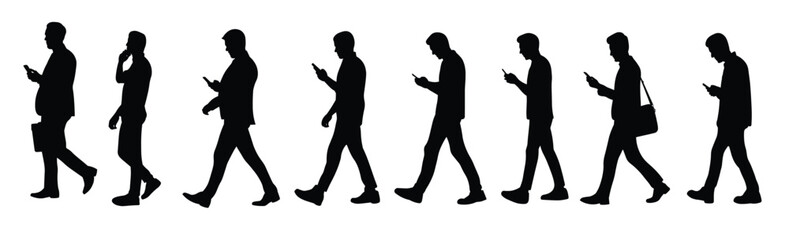 man walking while using a smartphone silhouettes
