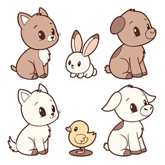 Six cute cartoon baby animals including cats dogs rabbit chick and piglet illustration