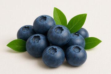 Fototapeta premium Fresh ripe blueberries with green leaves isolated on white background, close-up view of sweet antioxidant-rich berries for healthy eating and desserts