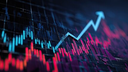 Dynamic upward trending stock market graph with sharp blue arrow indicating growth and profitability against a backdrop of red and blue candlesticks symbolizing financial data analysis.