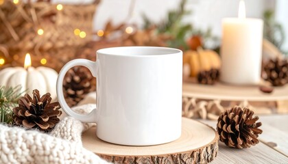 Blank white mug, autumnal decor