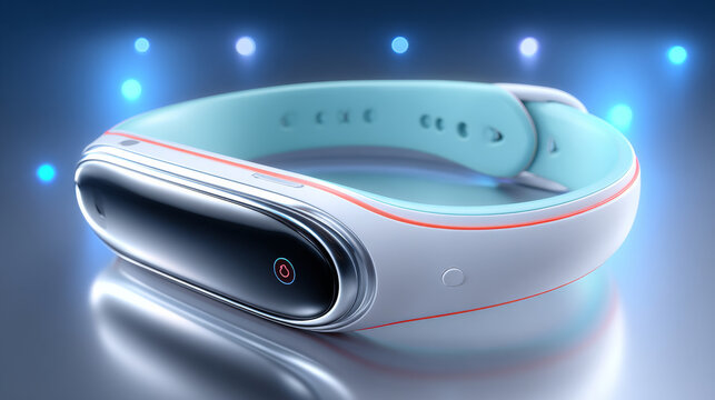 Smart wristband wearable technology close up modern design blue light health device futuristic digital interface