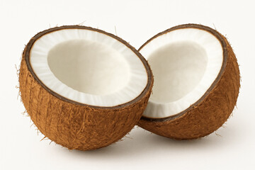 Fresh brown coconut split in half isolated on white background, close-up view of tropical fruit for cooking, desserts, and healthy eating